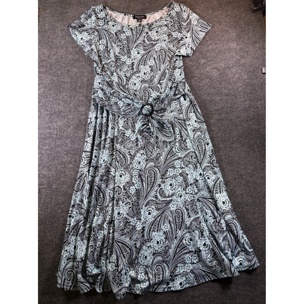 Perceptions New York Women XL Blue Black Paisley O-Ring Waist Midi Dress Short